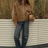 Chaqueta casual vintage de ante con cremallera frontal