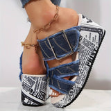 Sandalias de cuña para mujer - Denim deshilachado - Suela alta estampada - Punta abierta