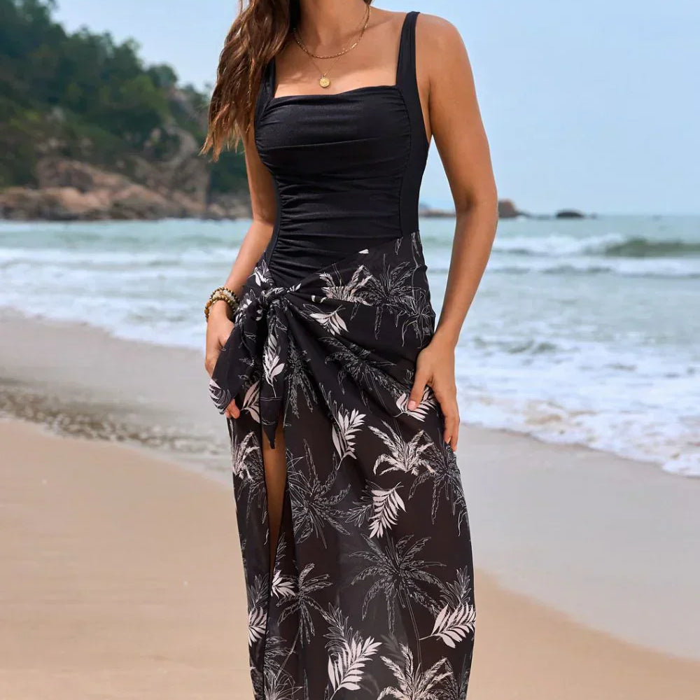 Traje de baño de una pieza para mujer – Escote cuadrado – Estampado floral – Pareo con lazo