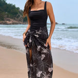 Traje de baño de una pieza para mujer – Escote cuadrado – Estampado floral – Pareo con lazo