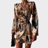 Vestido cruzado para mujer - Mangas largas - Cuello en V - Ajuste ajustable - Estampado moderno