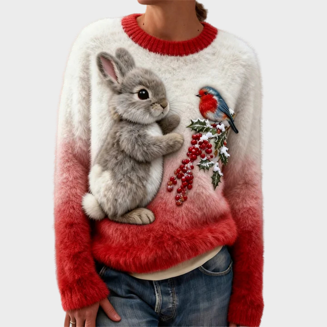 Klementína - Suéter de peluche con conejo navideño