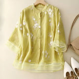 Blusa de mujer – Corte holgado – Fibras naturales – Bordado floral – Mangas 3/4