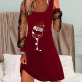 SOPHIA – Elegante vestido navideño con estampado de copas de vino y corte refinado