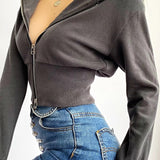 Sudadera con capucha corta, sencilla y ajustada, con doble cremallera