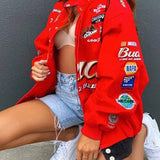 Chaqueta casual roja estampada con cremallera
