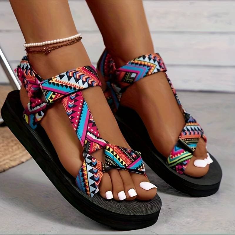 Sandalias de mujer - Suela plana cómoda - Tiras ajustables - Diseño geométrico