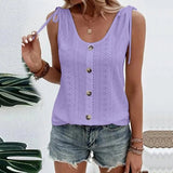 Blusa sin mangas para mujer - Cuello redondo abotonado - Tejido texturizado elegante - Lazos en los hombros