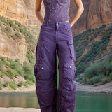 Pantalones cargo de mezclilla de cintura alta con bolsillos extragrandes