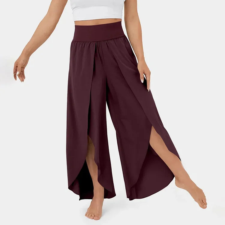 Pantalones de yoga para mujer – Corte holgado y fluido – Cintura alta – Abertura lateral – Tejido transpirable