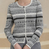 Cárdigan vintage de punto jacquard con cuello redondo y botones