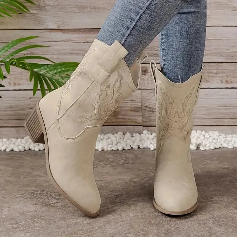 Botas vaqueras para mujer – Piel de ante – Tacón oblicuo – Bordado elegante