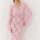 Vestido largo de punto jacquard con estampado de rombos y mangas largas