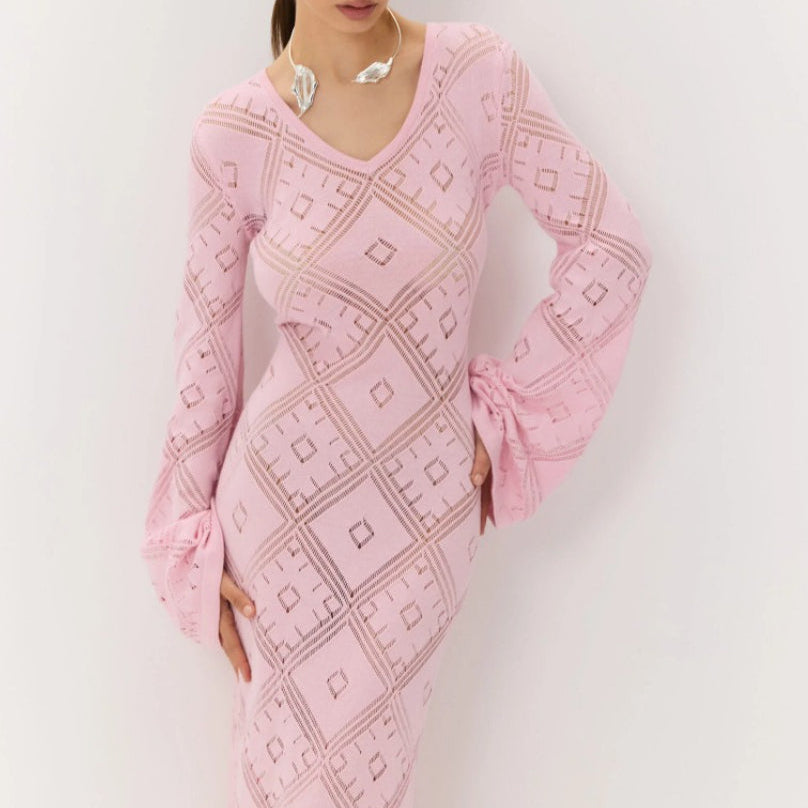 Vestido largo de punto jacquard con estampado de rombos y mangas largas