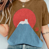 Camiseta de mujer - Cuello redondo - Manga corta - Corte holgado - Estampado gráfico de gato