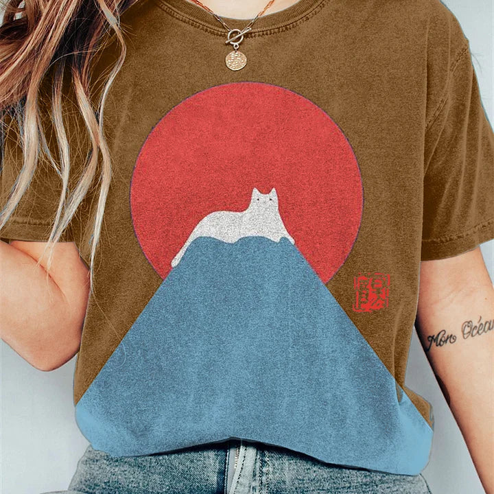 Camiseta de mujer - Cuello redondo - Manga corta - Corte holgado - Estampado gráfico de gato