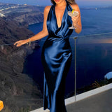 Vestido largo sexy con espalda descubierta y cuello vuelto