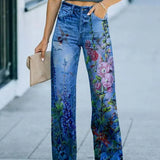 Pantalón de mujer – Talle alto – Corte recto – Detalles desgastados – Estampado floral 3D