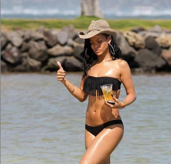 Bikini para mujer – Top bandeau con flecos – Braguita de tiro bajo con aberturas – Tejido elástico