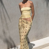 Vestido maxi sexy sin tirantes y ajustado con lunares de patchwork