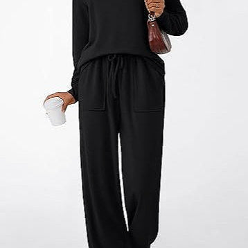 Conjunto casual chic de dos piezas con bolsillos y cordón, color liso.