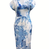 Vestido midi de mujer - Denim patchwork ajustado - Mangas cortas - Cuello en V elegante