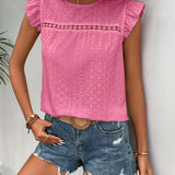 Blusa de mujer - Bordado inglés - Mangas con volantes - Corte holgado - Cuello redondo