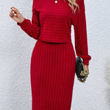 Conjunto de mujer - Falda y jersey de punto acanalado - Corte entallado - Cuello redondo - Manga larga