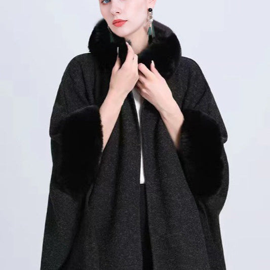Cárdigan de punto holgado con cuello de piel y lazo, confeccionado en mezcla de lana, abrigo tipo capa.