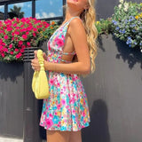 Vestido de mujer de corte A - Sin mangas - Escote en V profundo - Cintura ajustada - Estampado floral