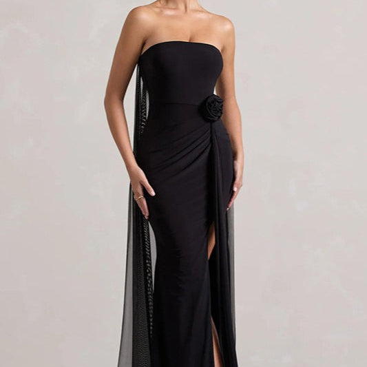 Vestido largo floral sin tirantes con lazo
