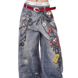 Vaqueros holgados de pierna ancha con estampado de cadena en 3D, estilo streetwear.