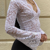 Blusa vintage de manga larga en encaje transparente
