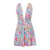 Vestido de mujer de corte A - Sin mangas - Escote en V profundo - Cintura ajustada - Estampado floral