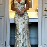 Vestido de noche para mujer - Estilo sirena largo - Escote pronunciado - Tirantes finos - Lentejuelas deslumbrantes