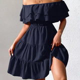 Vestido de mujer con hombros descubiertos - Volantes elegantes - Cintura elástica - Corte acampanado