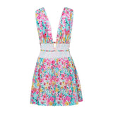 Vestido de mujer de corte A - Sin mangas - Escote en V profundo - Cintura ajustada - Estampado floral