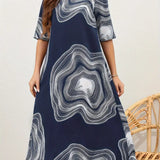 Vestido de mujer de corte A - Cuello redondo - Mangas al codo - Elegante estampado abstracto