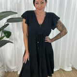 Vestido de mujer – Corte informal – Mangas con volantes – Cuello en V – Botones y cintura ajustable