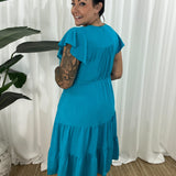 Vestido de mujer – Corte informal – Mangas con volantes – Cuello en V – Botones y cintura ajustable