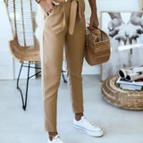 Pantalones de mujer – Cintura alta – Corte ajustado – Cinturón para atar – Tejido ligero