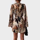 Vestido cruzado para mujer - Mangas largas - Cuello en V - Ajuste ajustable - Estampado moderno