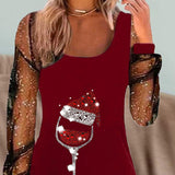SOPHIA – Elegante vestido navideño con estampado de copas de vino y corte refinado