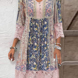 Vestido de mujer - Estilo bohemio - Mangas 3/4 con ribete de encaje - Cuello en V abotonado - Corte fluido