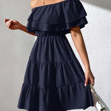 Vestido de mujer con hombros descubiertos - Volantes elegantes - Cintura elástica - Corte acampanado