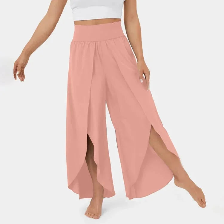 Pantalones de yoga para mujer – Corte holgado y fluido – Cintura alta – Abertura lateral – Tejido transpirable
