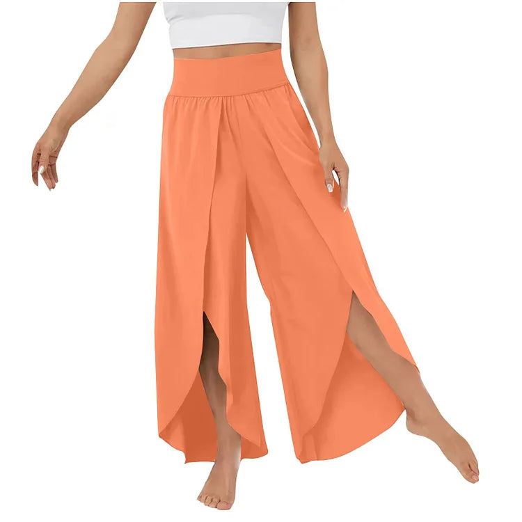 Pantalones de yoga para mujer – Corte holgado y fluido – Cintura alta – Abertura lateral – Tejido transpirable