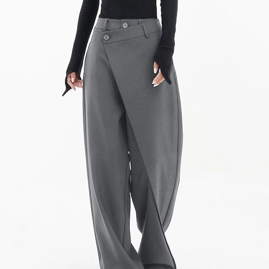 Pantalones de mujer - Cintura alta - Pierna ancha y fluida - Caída asimétrica - Elegante y chic