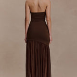 Vestido maxi ajustado asimétrico con aberturas y frunces en la espalda