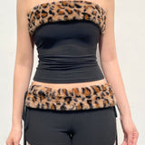Conjunto sexy de dos piezas de polar con estampado de leopardo y camiseta sin mangas con cordón.